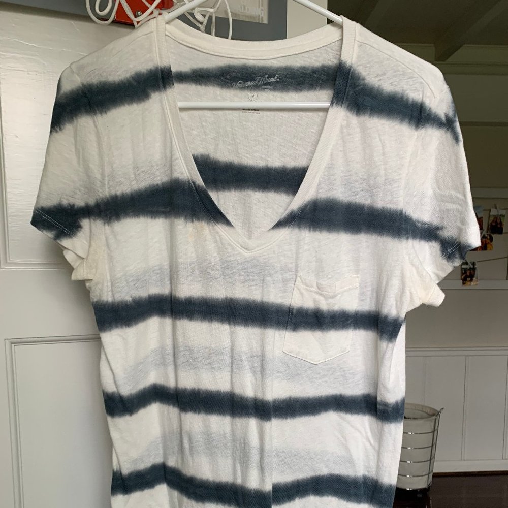 Women's V-Neck White and Gray Striped Medium